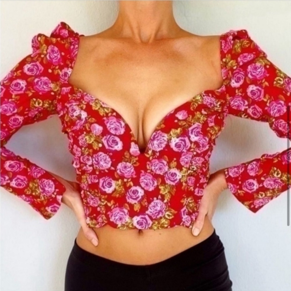 Roses Print Corset Top Blouse Long Sleeves Cropped Red Pink Romantic Small